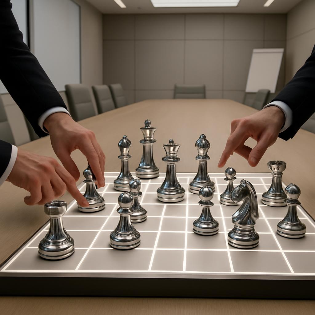 A man in a suit playing a game of chess with another person, in an office setting.